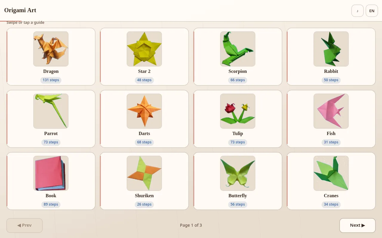 Origami Art catalog page 1 of 3: twelve model cards including Dragon, Star 2, Scorpion, Rabbit, Parrot, Darts, Tulip, Fish, Book, Shuriken, Butterfly and Cranes, each with a photo and a blue step-count badge