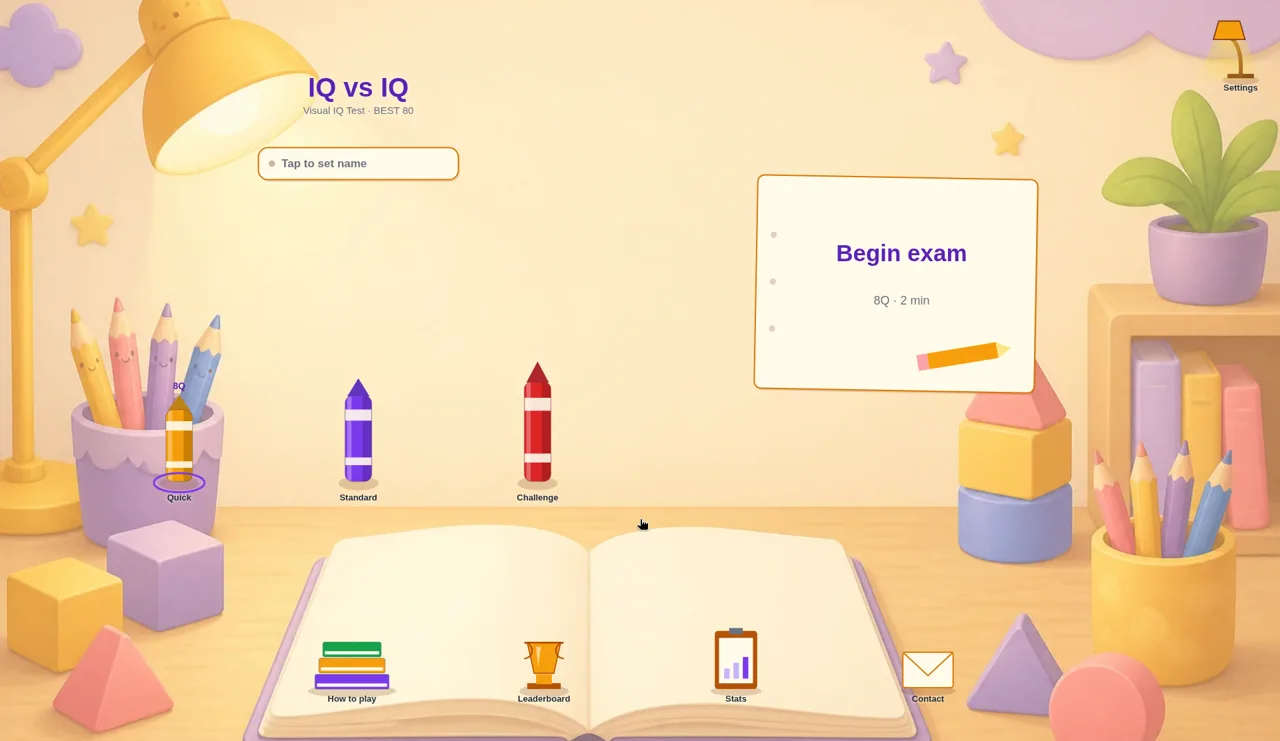 IQ vs IQ menu on a cartoon desk: the title IQ vs IQ, Visual IQ Test, BEST 80, a Tap to set name field, Quick, Standard and Challenge crayons, a Begin exam card reading 8Q, 2 min, and How to play, Leaderboard, Stats and Contact icons
