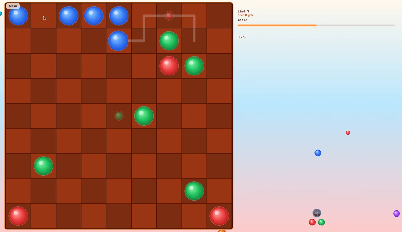 Lines Premium Level 1 at 20 of 40 gold: four blue balls along the top row with a gap, a path line showing a blue ball's route to the gap, scattered red and green balls, a faint ghost ball and the progress bar half full
