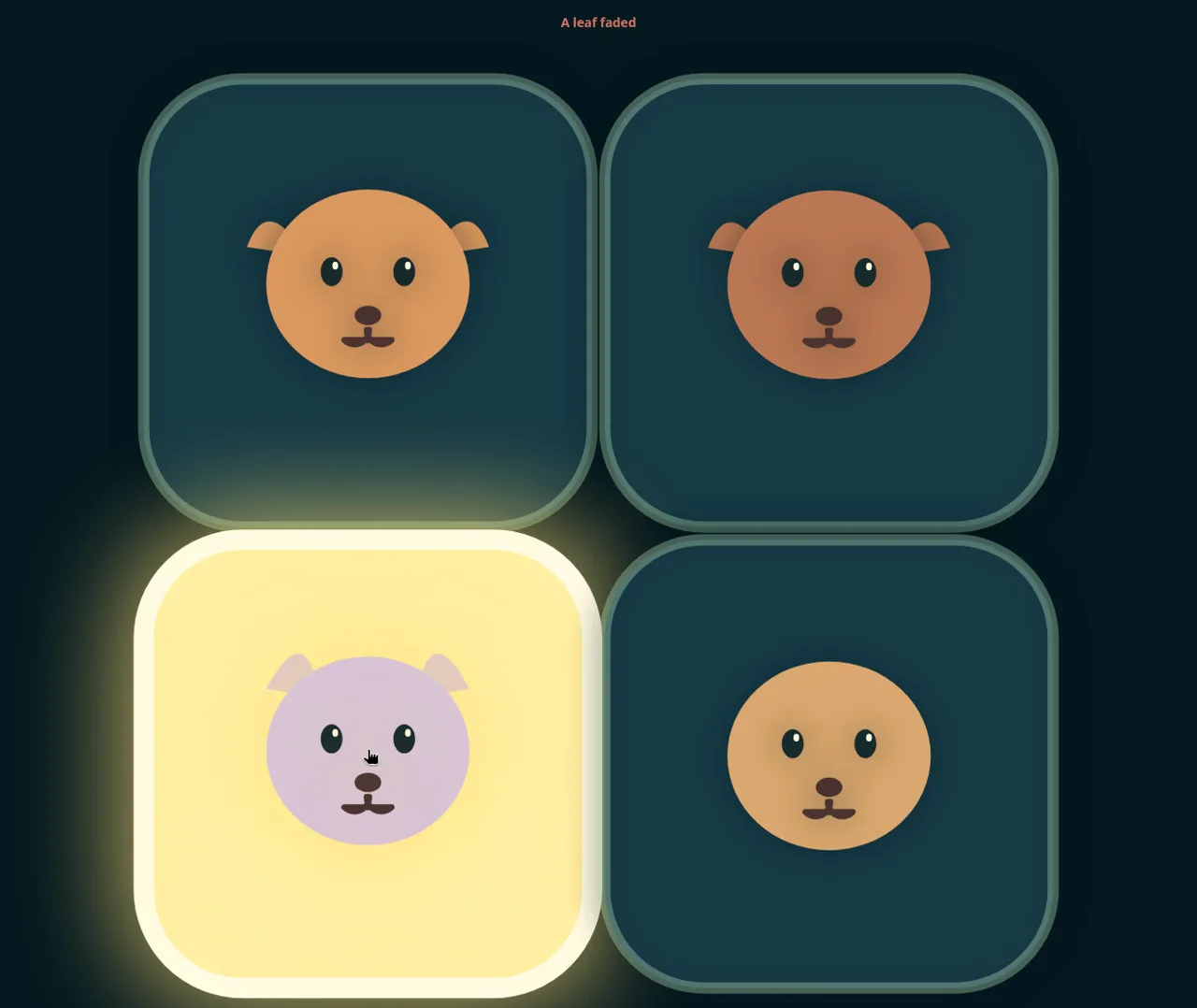 Memory Grove Level 1 after a mistake: the header reads A leaf faded and the lilac kitten medallion in the bottom left glows yellow as the game replays the right answer