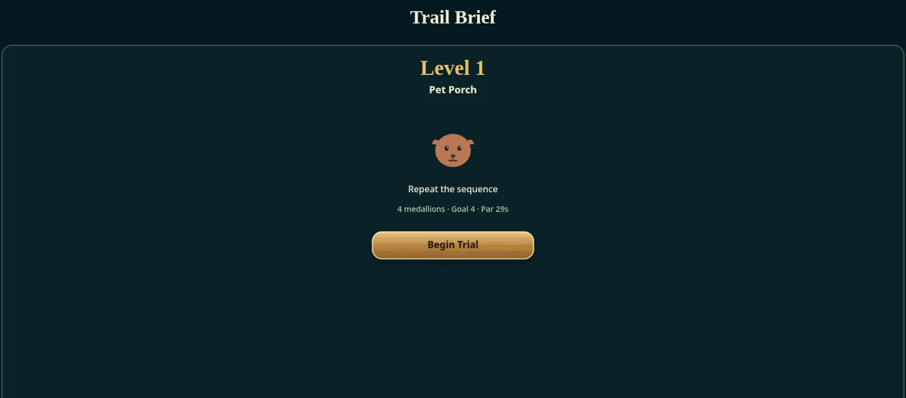 Memory Grove Trail Brief for Level 1, Pet Porch: a puppy medallion, the line Repeat the sequence, 4 medallions, Goal 4, Par 29s and a Begin Trial button