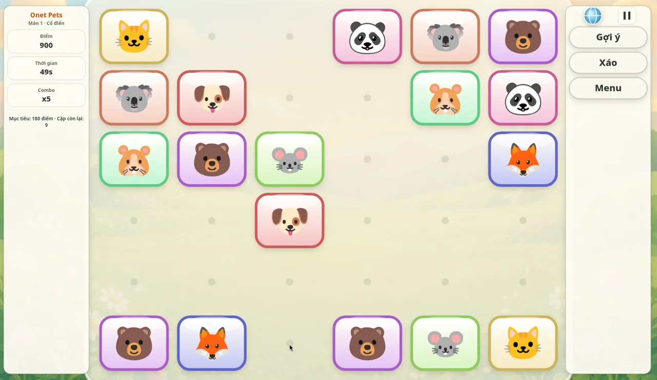 Onet Pets Classic Level 1 halfway through: the left panel shows 900 points, 49 seconds left and a combo of x5, about half the animal tiles cleared, and Hint, Shuffle and Menu buttons on the right