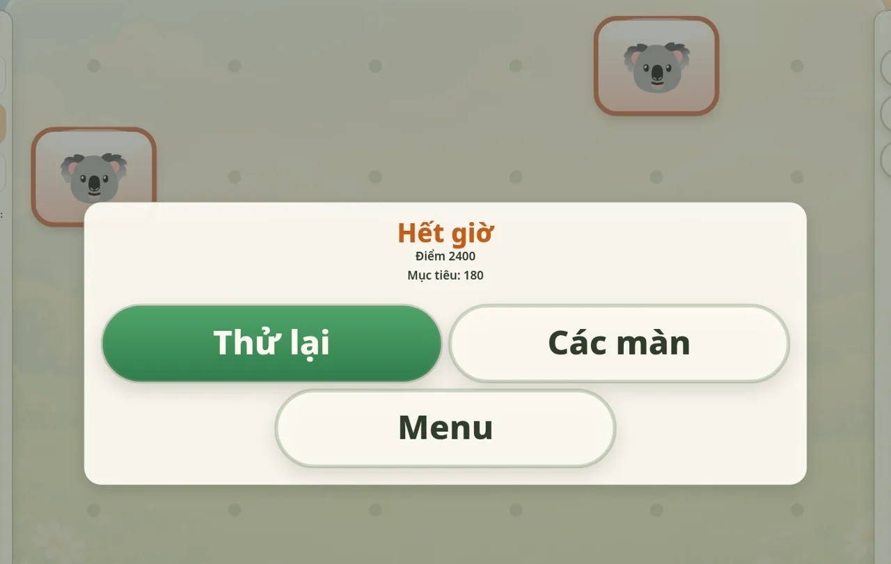 Onet Pets time-up dialog in Vietnamese: Hết giờ (time is up), 2400 points, target 180, with Retry, Levels and Menu buttons, and the last two koala tiles visible behind it
