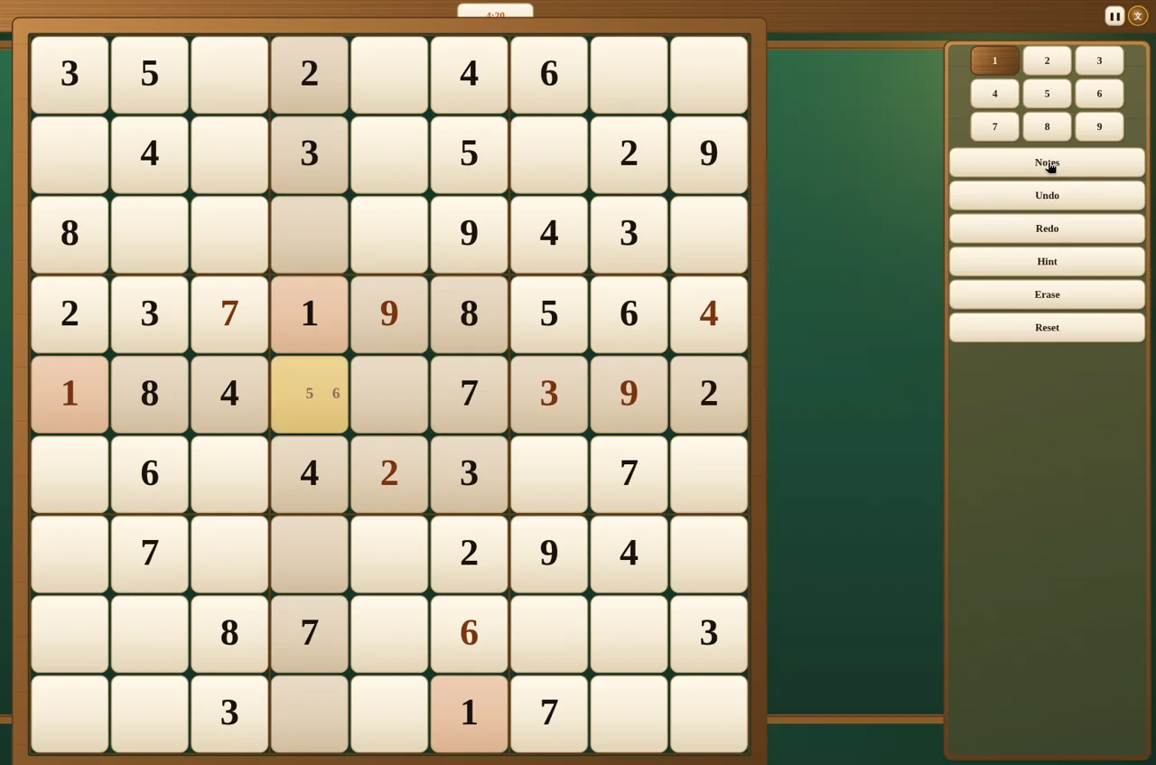 Sudoku All In One Easy board mid-game: several digits we entered in brown, one cell holding small pencil notes 5 and 6, and the side panel with number buttons 1 to 9 plus Notes, Undo, Redo, Hint, Erase and Reset