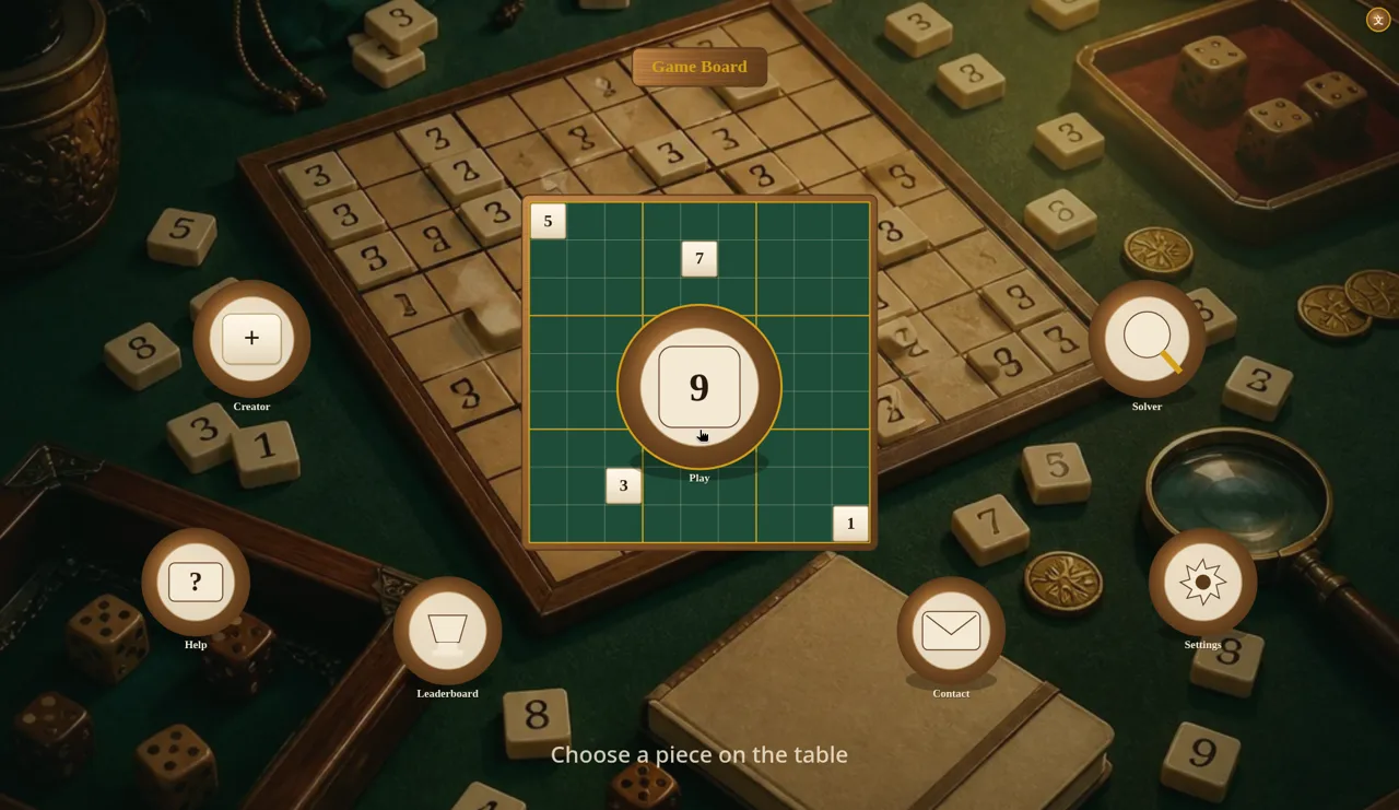 Sudoku All In One home screen: a green Sudoku board with a big 9 Play button in the middle of a wooden tabletop scattered with number tiles and dice, with round Creator, Solver, Help, Leaderboard, Settings and Contact buttons around it