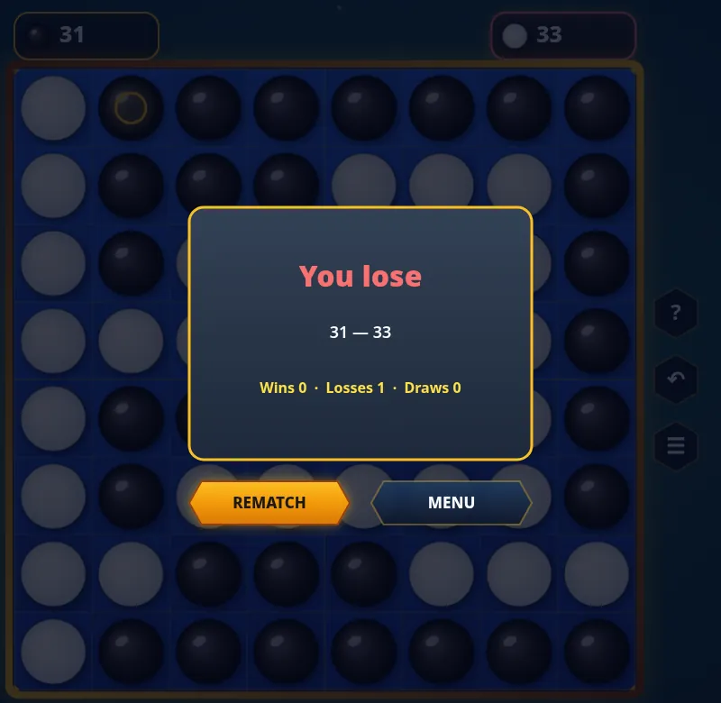 Reversi OK result card: You lose, 31 — 33, Wins 0, Losses 1, Draws 0, with Rematch and Menu buttons over the final board