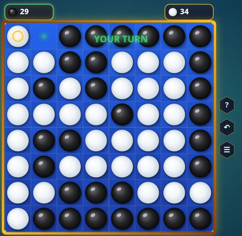 Hard game near the end: the whole left column is white, black holds the top-right and bottom-right corners and most of the right edge, black 29 and white 34