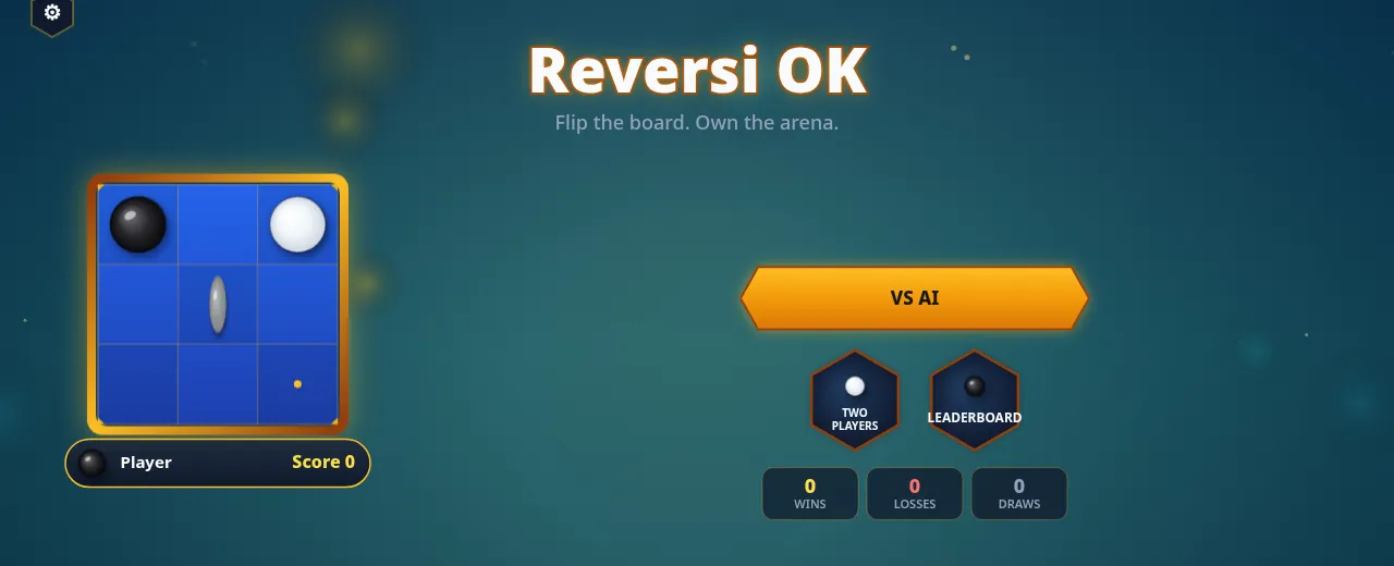 Reversi OK main menu: a small 3×3 board preview with a black and a white disc on the left, a large orange VS AI button, Two Players and Leaderboard buttons, and counters for 0 wins, 0 losses and 0 draws