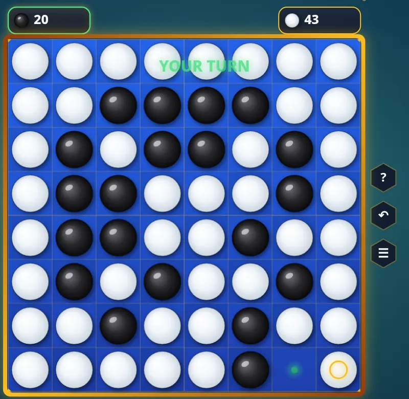 Same Normal game near the end: white owns all four corners and almost every edge square, black has 20 discs scattered inside, white has 43