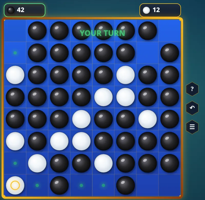 Normal game, black leads 42 to 12: black discs cover most of the board, a few white discs remain in the middle and on the left edge, and white has just placed a disc with a yellow ring in the bottom-left corner