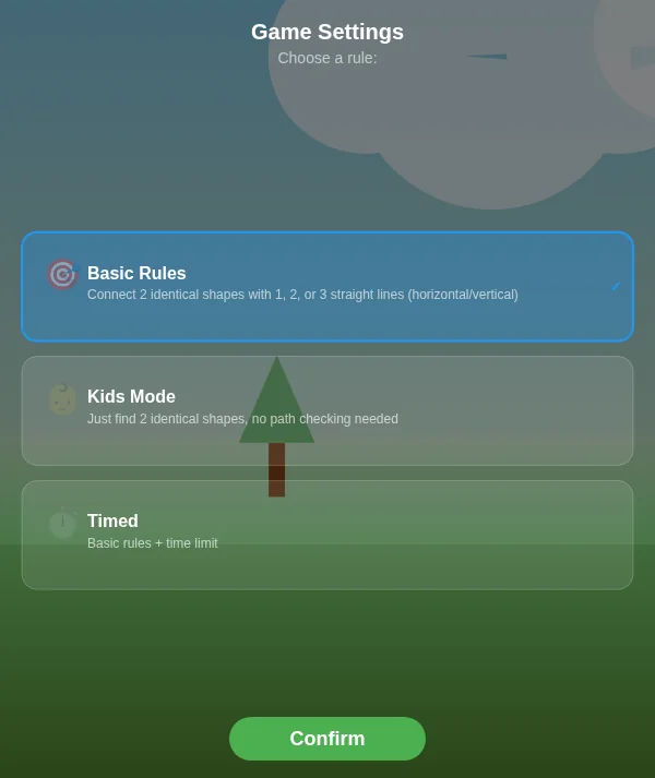 Game Settings screen titled "Choose a rule" with three options: Basic Rules (selected), Kids Mode and Timed, and a Confirm button