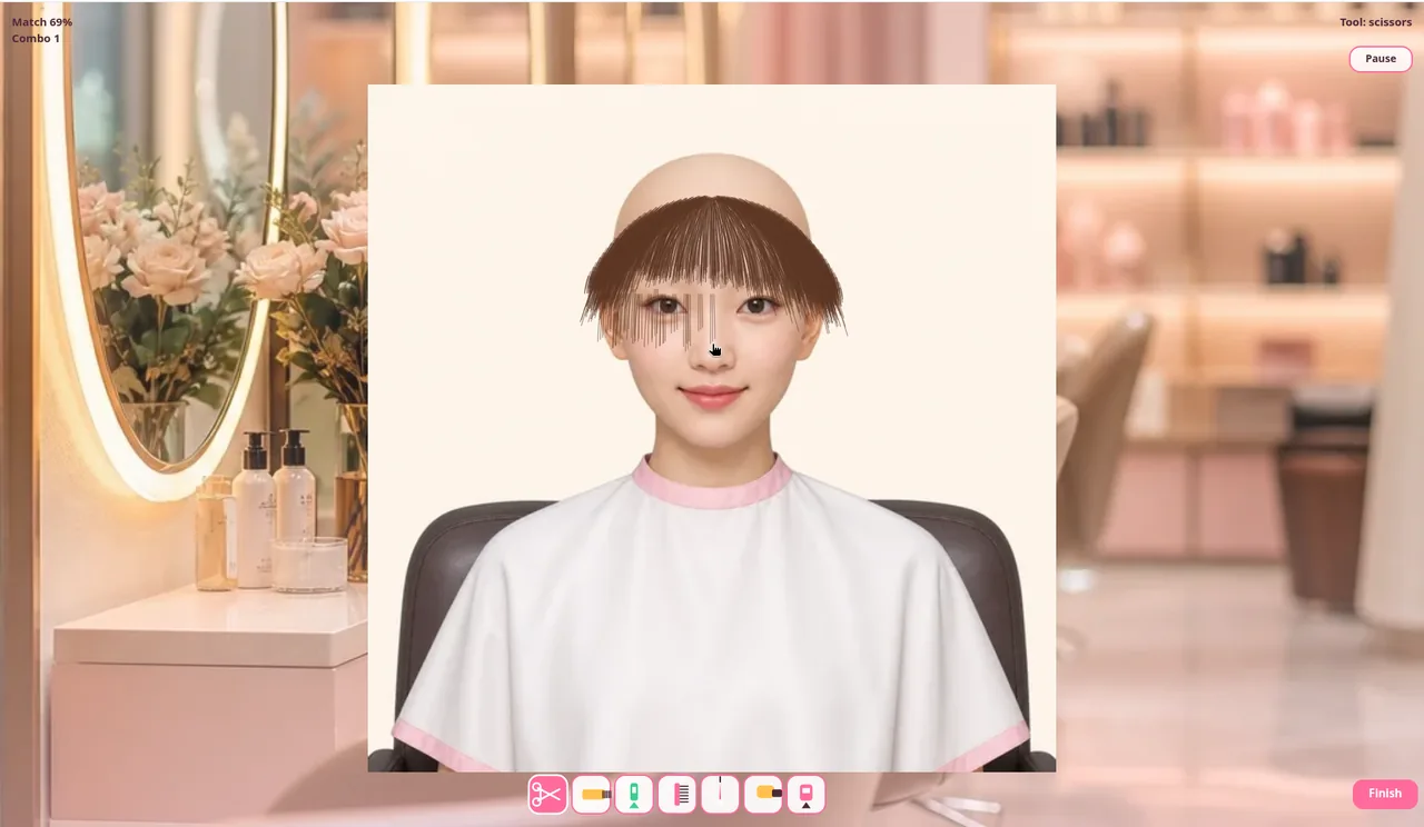 Đang cắt tóc trong Fun Haircut: người mẫu tóc nâu có phần mái bị cắt so le ngang mắt, góc trên ghi Match 69%, Combo 1 và Tool: scissors, hàng công cụ ở dưới và nút Finish màu hồng