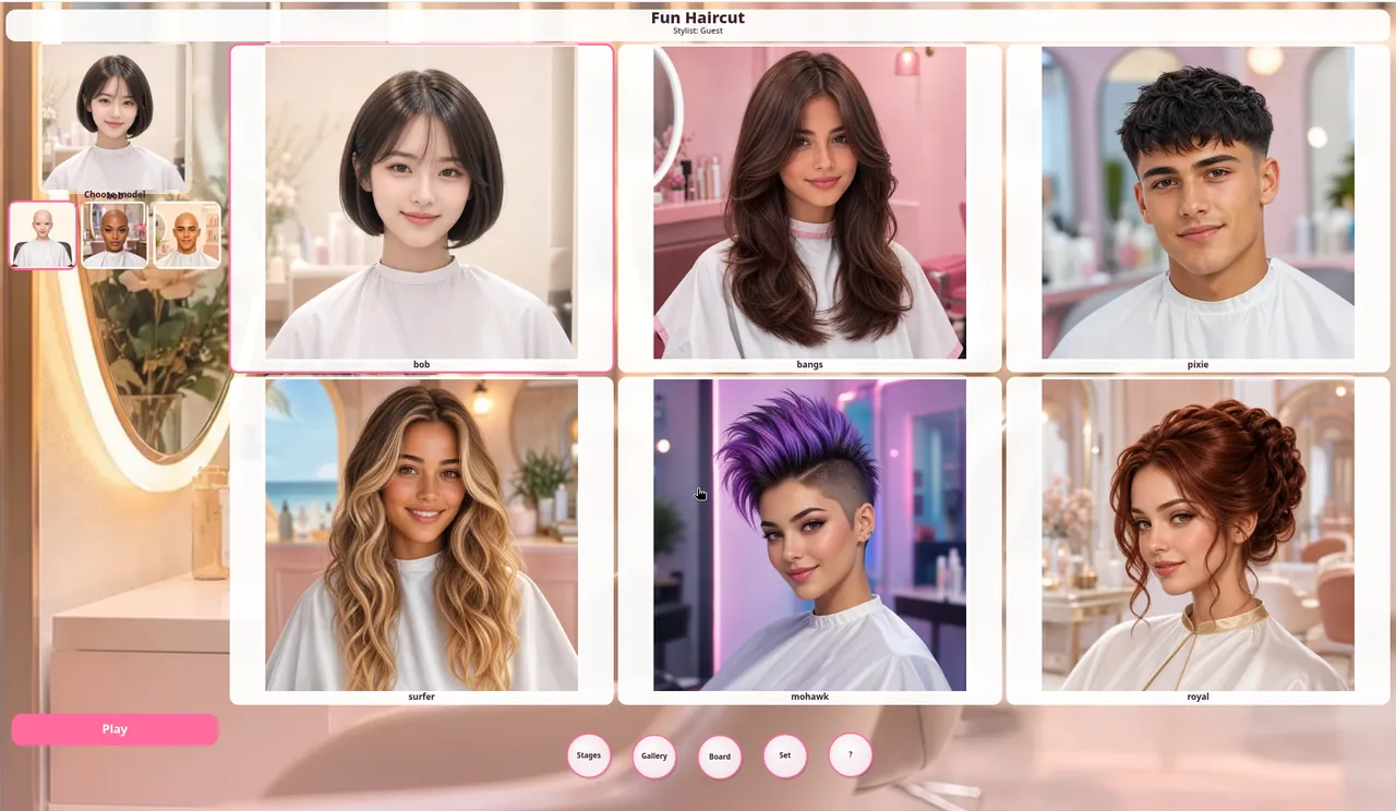 Bảng chọn kiểu tóc của Fun Haircut: sáu ảnh mẫu bob, bangs, pixie, surfer, mohawk và royal, ba người mẫu nhỏ ở góc trái dưới dòng Choose model, nút Play màu hồng và các nút tròn Stages, Gallery, Board, Set, ?