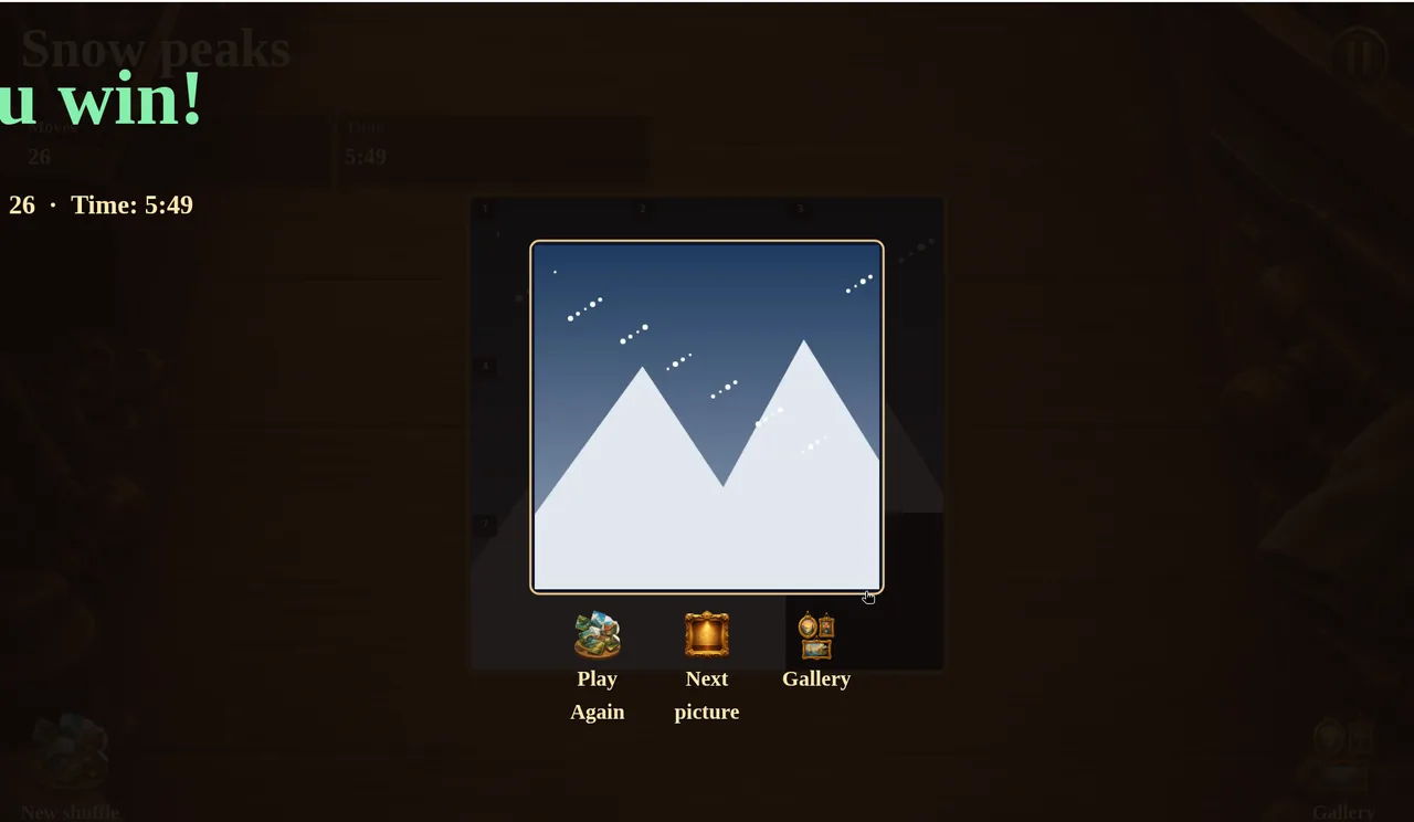 Màn chiến thắng Xếp Hình Trượt: bức tranh Snow peaks hoàn chỉnh với hai đỉnh núi tuyết dưới bầu trời xanh, dòng 26 · Time: 5:49, và các nút Play Again, Next picture, Gallery